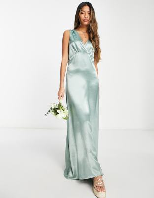 Vila Bridesmaid satin v neck maxi dress with train in green