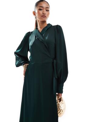 Vila Vila Bridesmaid satin wrap maxi dress in green