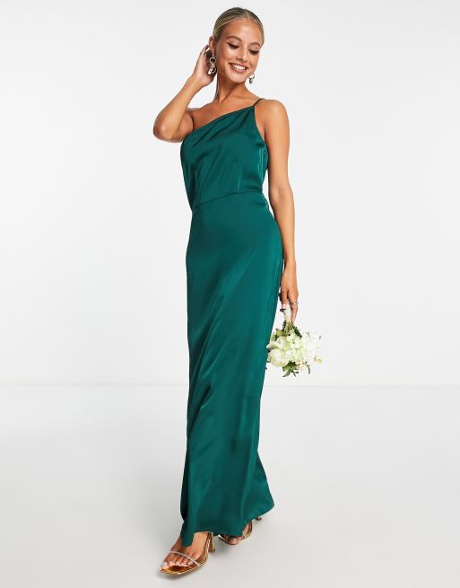 Vila – Bridesmaid – Satynowa sukienka maxi na jedno ramię w kolorze głębokiej zieleni