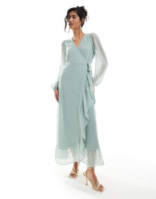 Bridesmaid textured wrap maxi dress with frill detail in sage green