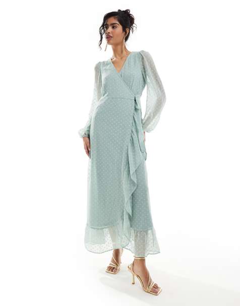 Vila Bridesmaid textured wrap maxi dress with frill detail in sage green - view 1