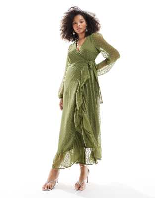 Bridesmaid textured wrap maxi dress with ruffle detail in olive green