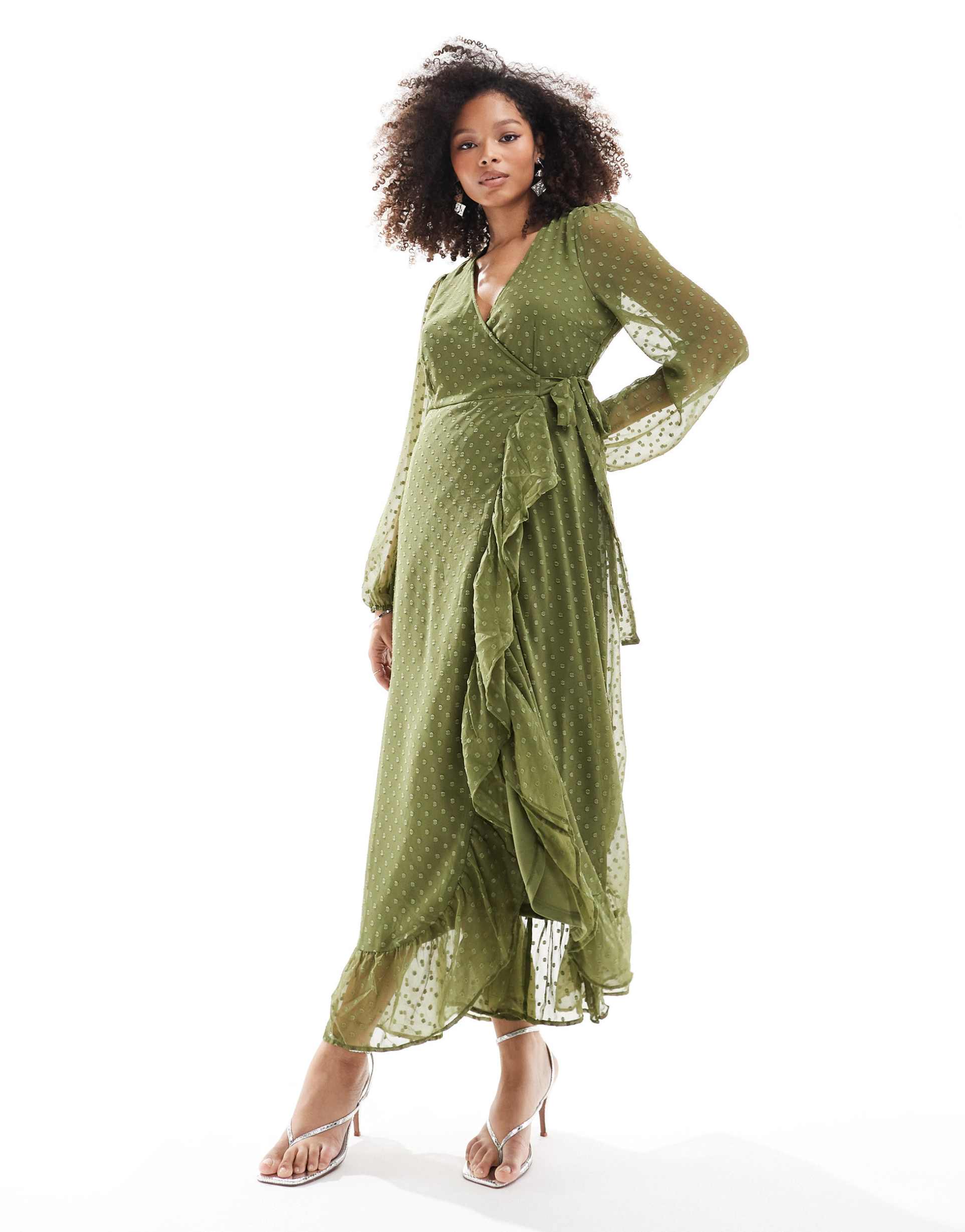 vila bridesmaid textured wrap maxi dress with ruffle detail in olive green