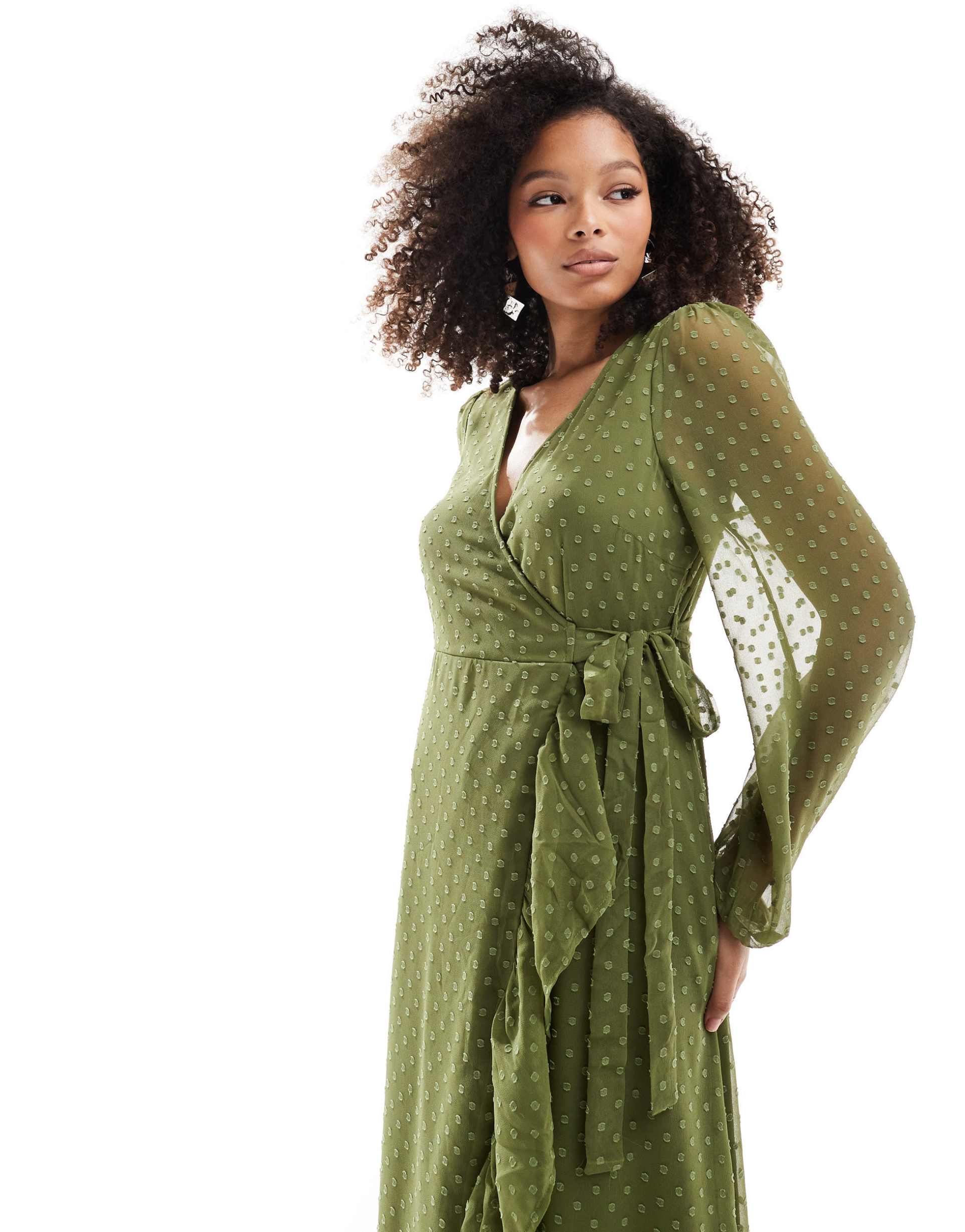 vila bridesmaid textured wrap maxi dress with ruffle detail in olive green