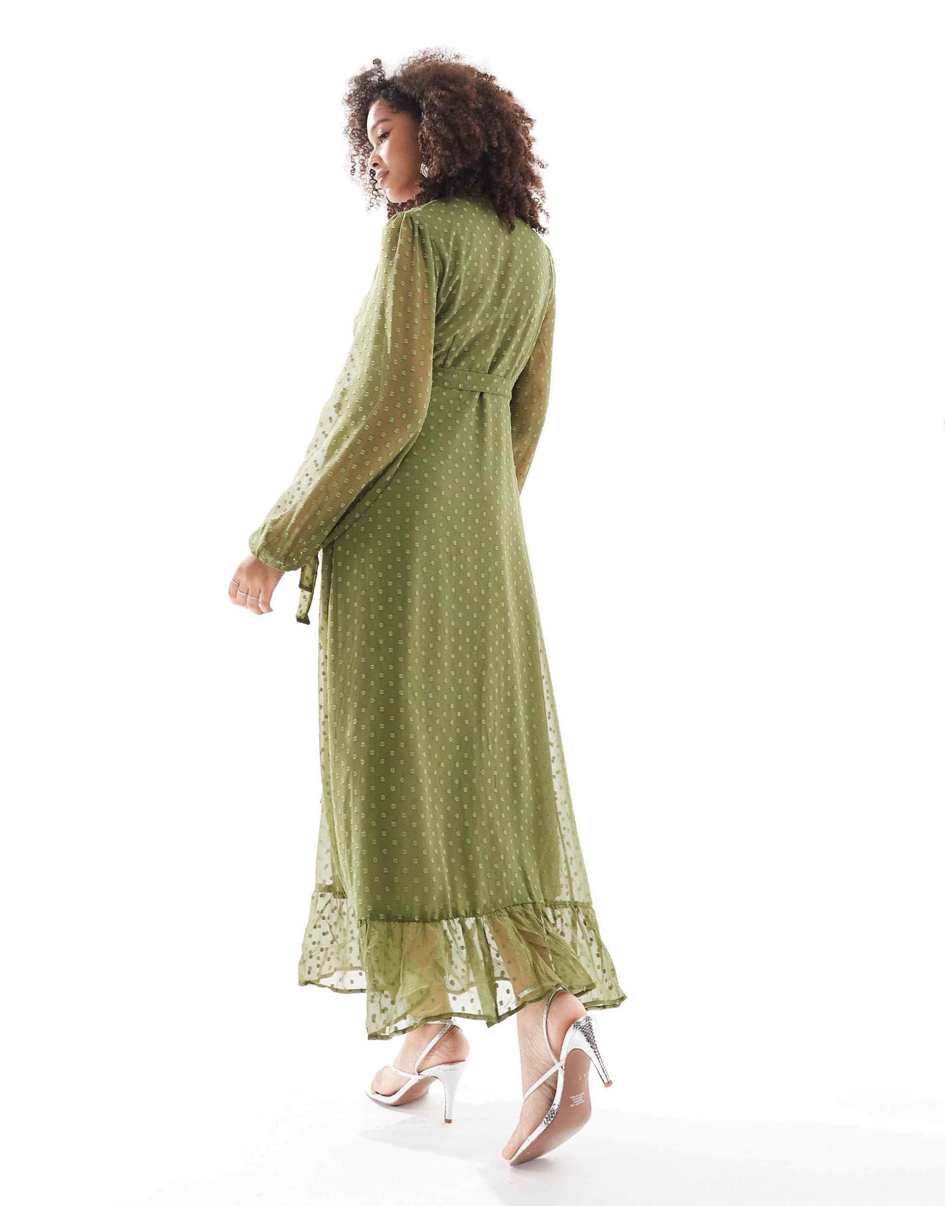 vila bridesmaid textured wrap maxi dress with ruffle detail in olive green