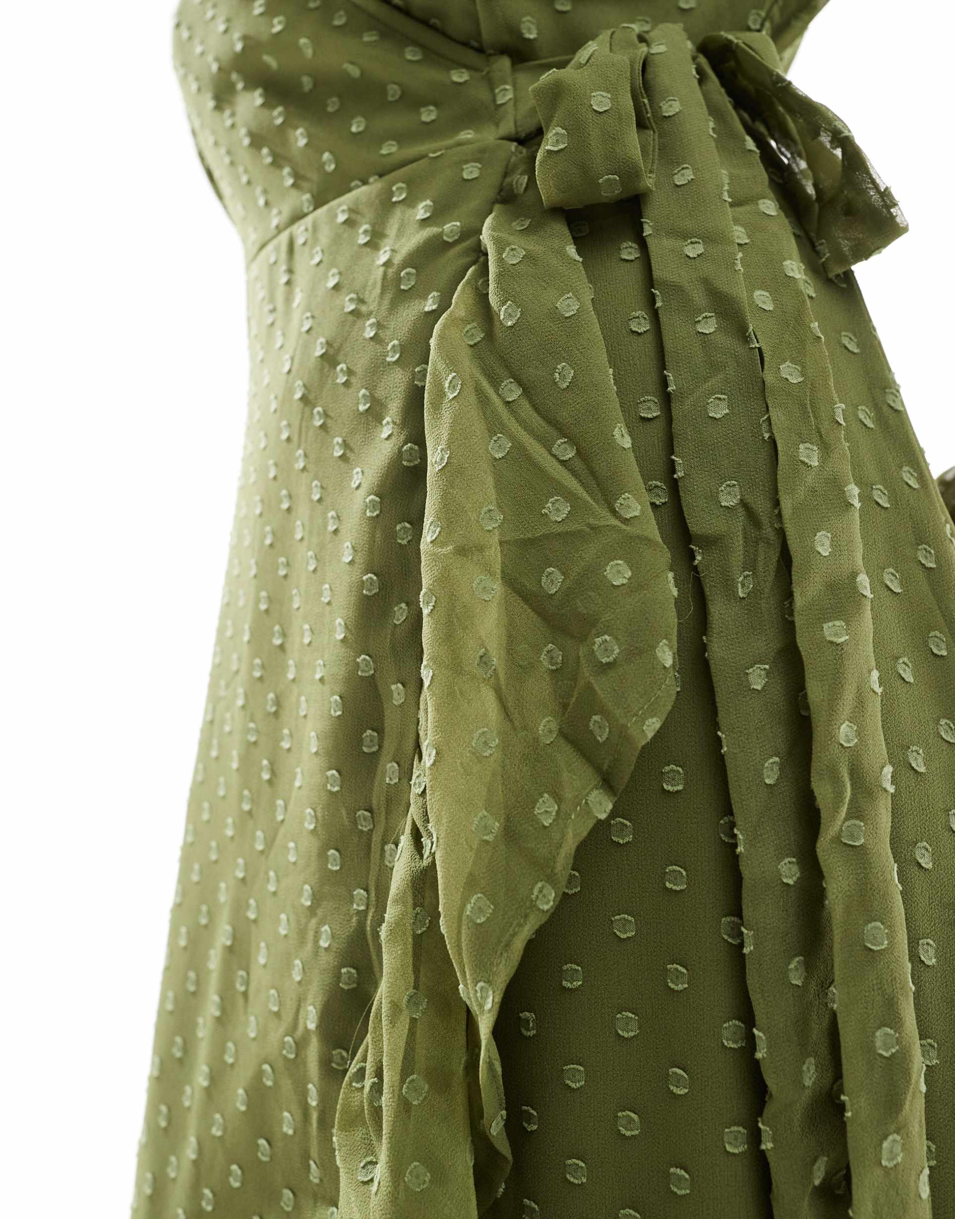 vila bridesmaid textured wrap maxi dress with ruffle detail in olive green