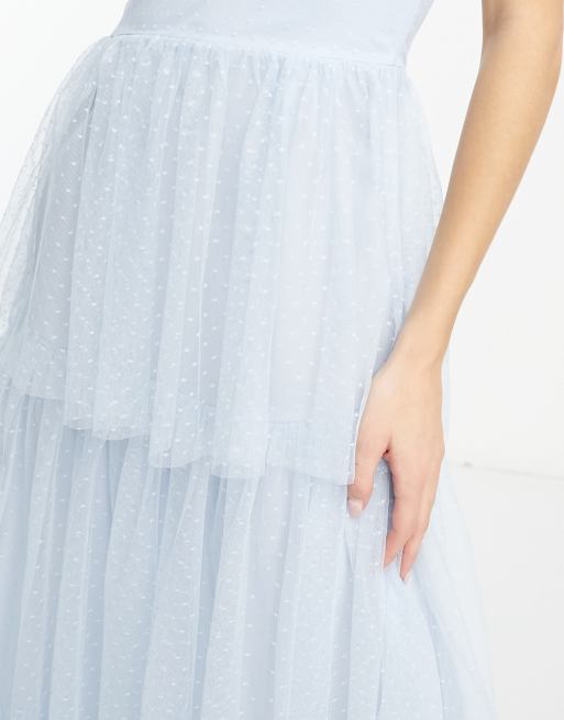 Vila Bridesmaid tulle dobby maxi dress with tiered skirt in blue, 3 of 4