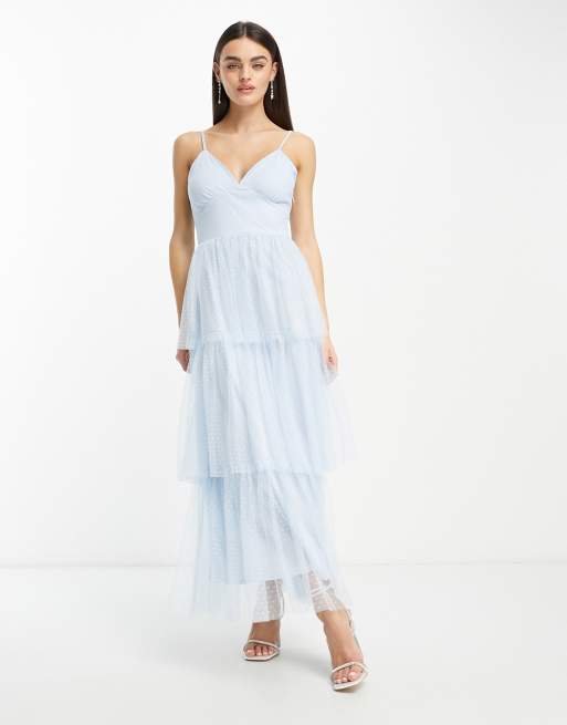 Vila Bridesmaid tulle dobby maxi dress with tiered skirt in blue, 4 of 4