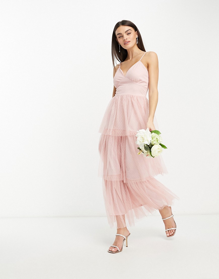 Vila Bridesmaid tulle dobby maxi dress with tiered skirt in pink