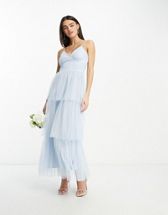 ASOS DESIGN tulle bow tie tiered maxi dress in blue