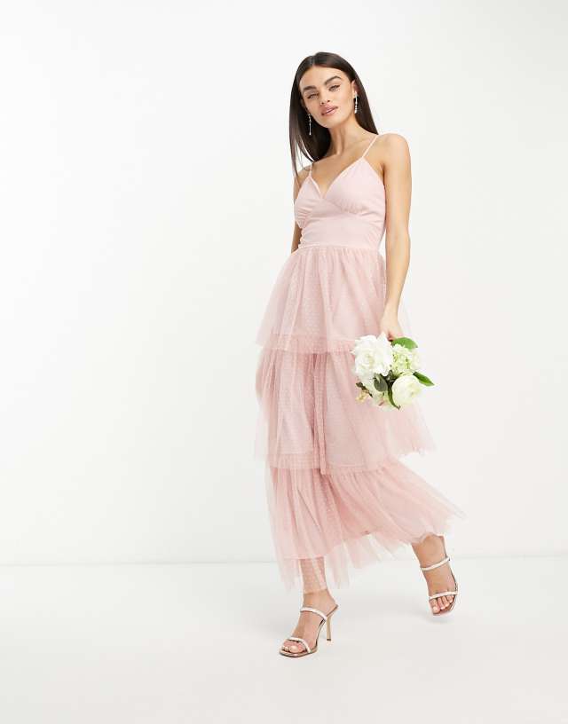 Vila Bridesmaid tulle textured maxi dress with tiered skirt in pink