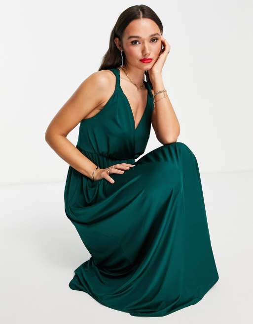 Vila bridesmaid v neck maxi dress in dark green | ASOS