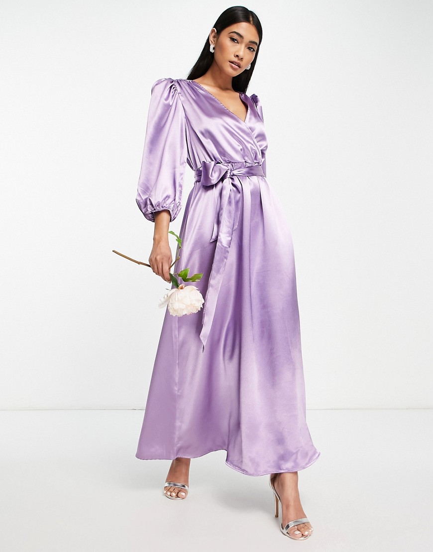 Vila Bridesmaid wrap front maxi dress in purple satin