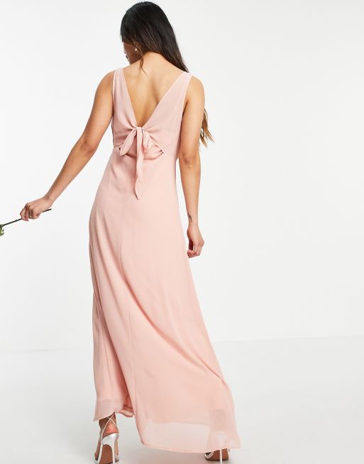 Vila Bridesmaid wrap front midi dress with tie detail in pink, 2 of 4