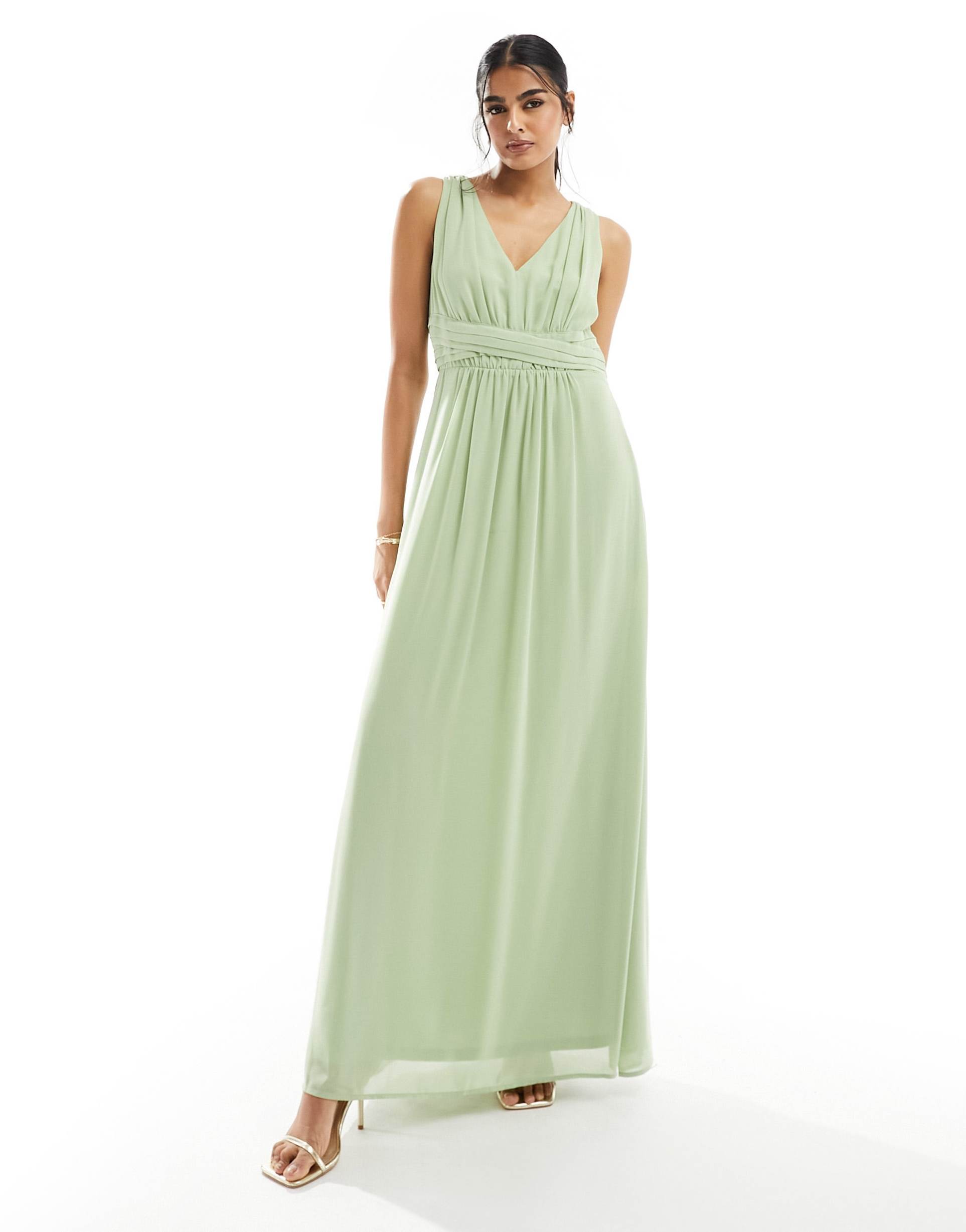 vila bridesmaid wrap waist detail maxi dress with pleat front in sage green