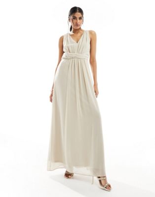 Vila Bridesmaid Wrap Waist Detail Maxi Dress With Pleat Front In Stone-gray