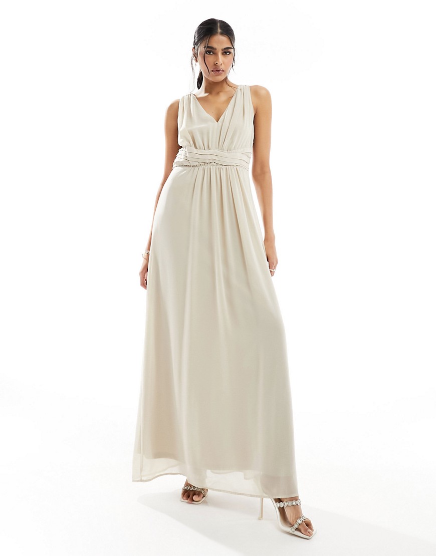 Vila Bridesmaid Wrap Waist Detail Maxi Dress With Pleat Front In Stone-gray