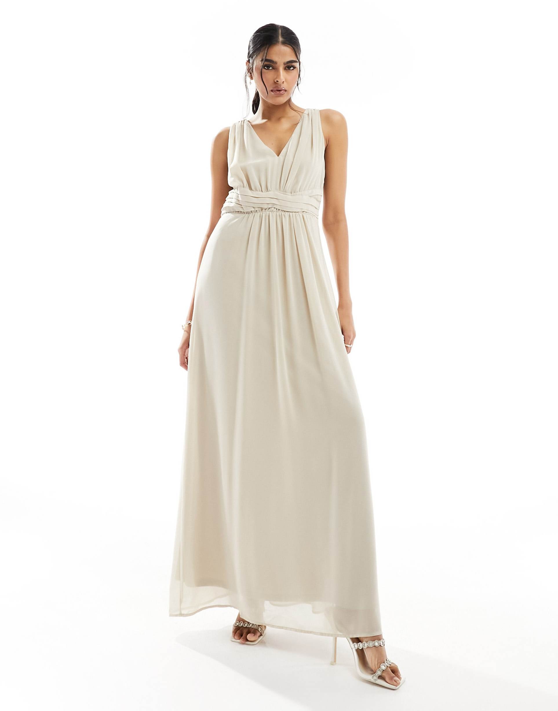 vila bridesmaid wrap waist detail maxi dress with pleat front in stone