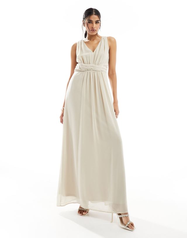 Vila - bridesmaid wrap waist detail maxi dress with pleat front in stone