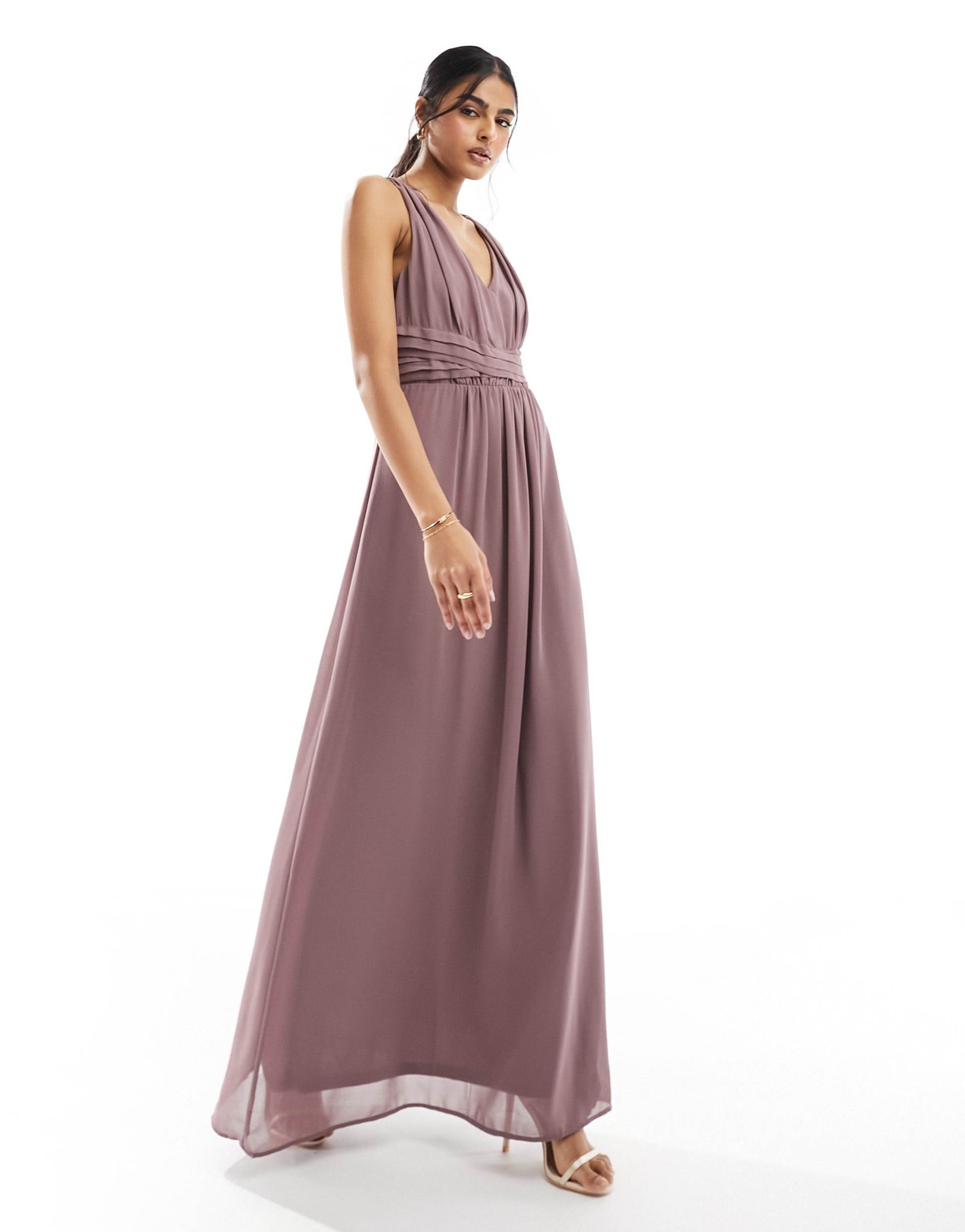 vila bridesmaid wrap waist detail maxi dress with pleat front in taupe