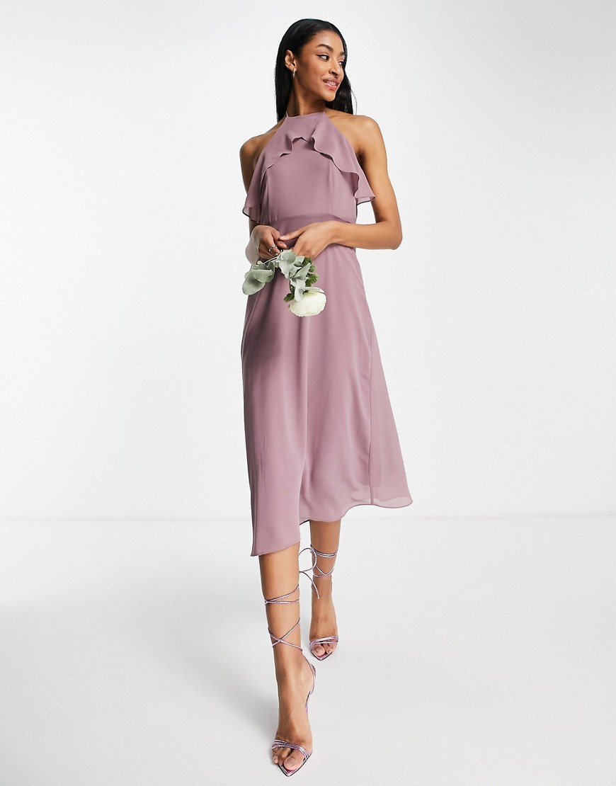 Vila bridesmaids midi dress with ruffle detail in purple