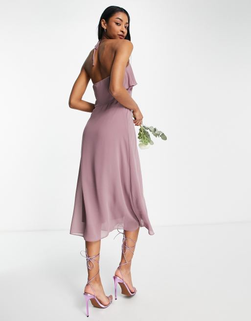 Vila bridesmaids midi dress with ruffle detail in purple, 4 of 4