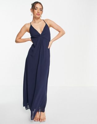 Vila bridesmaids midi dress with twist front in navy