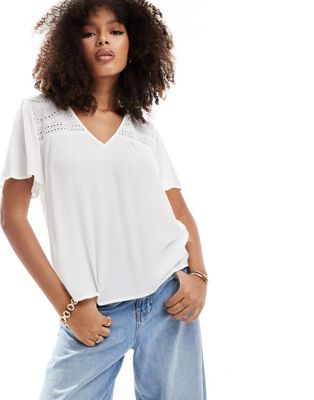 Vila broderie detail top with v neck in cream