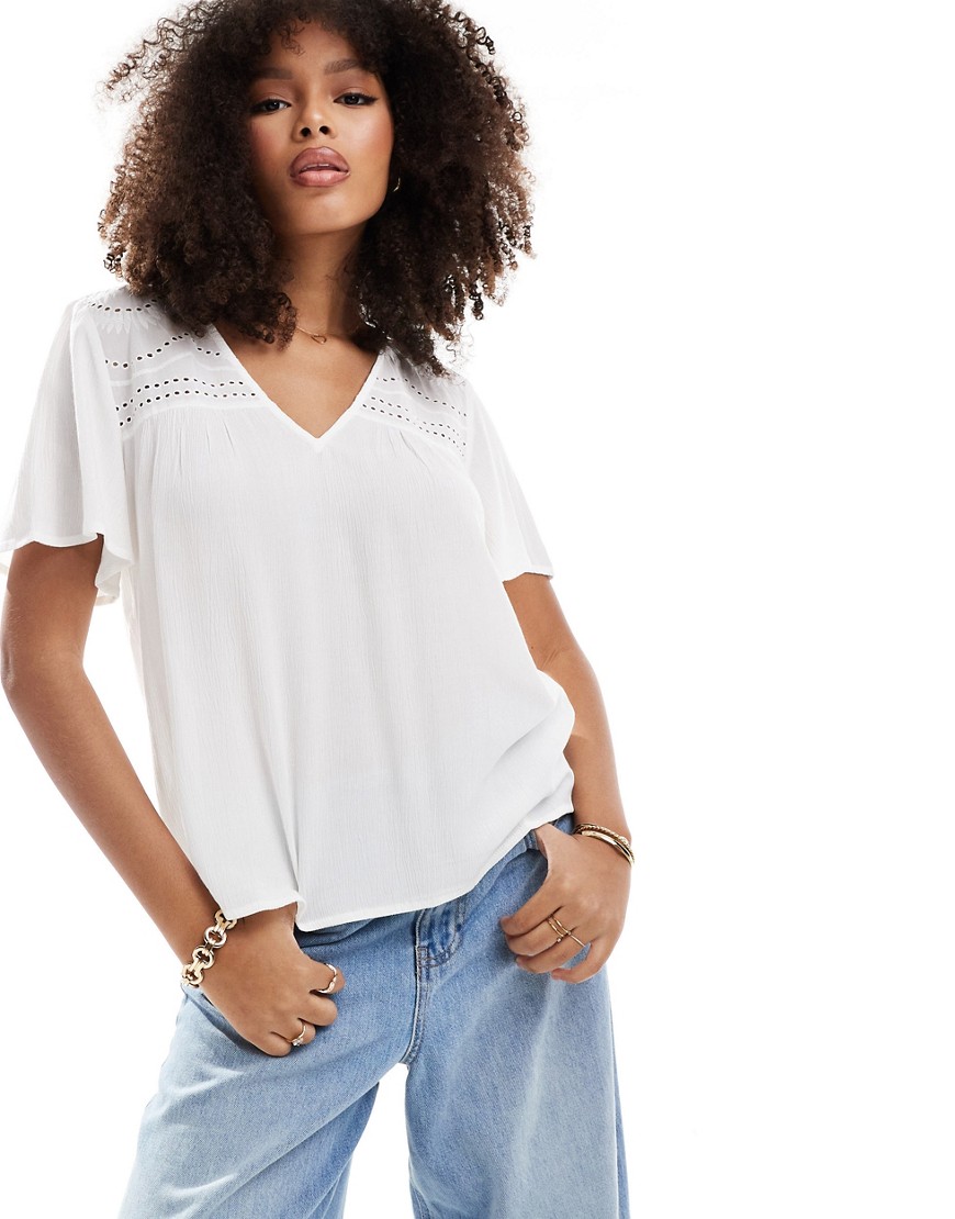 Vila broderie detail top with v neck in cream-Neutral