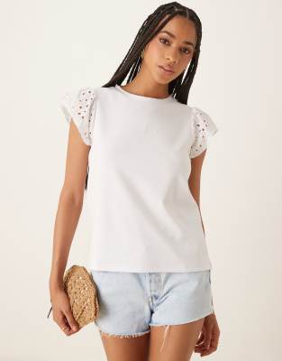 Vila Broderie Flutter Sleeve Jersey Top In White