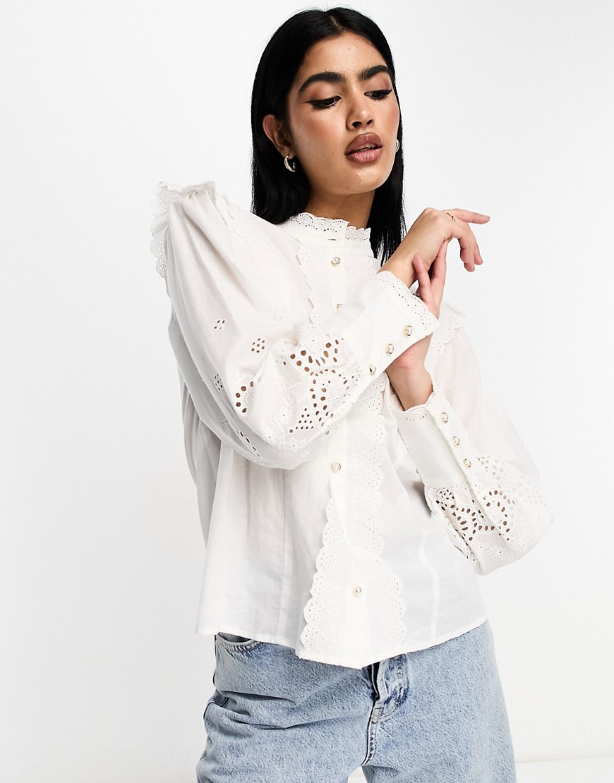 Vila broderie high neck blouse with frill detail in cream-White