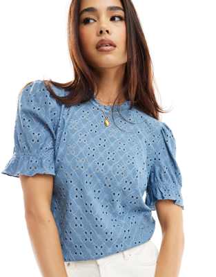 Vila broderie jersey t-shirt in blue