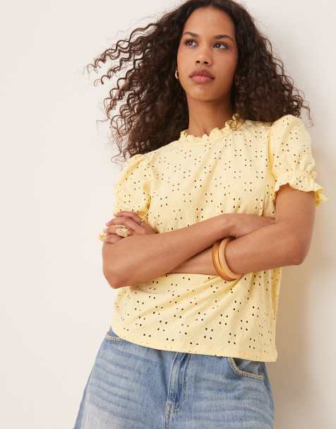 VILA broderie jersey t-shirt in yellow - view 1