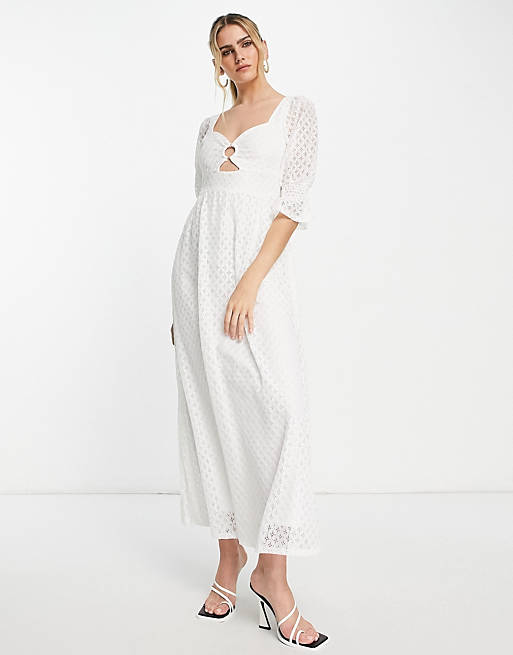 Vila broderie maxi dress with cut out front in white