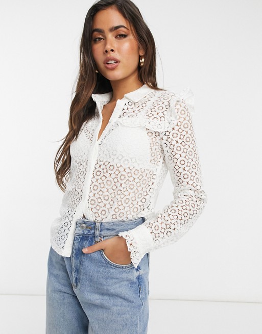 Vila broderie shirt with frill shoulder detail in cream