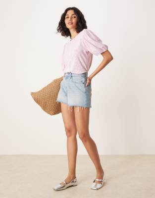 Vila Broderie T-shirt With Puff Sleeve Detail In Pink