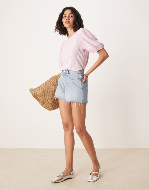 VILA broderie T-shirt with puff sleeve detail in orchid pink, 2 of 4