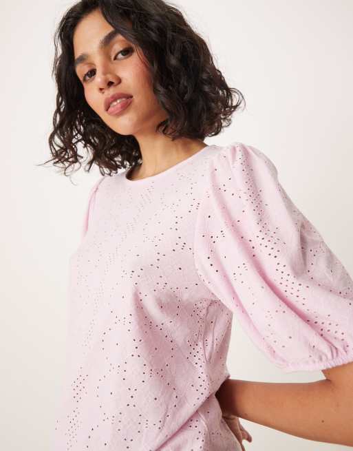 ETCYY Women's Spring Summer Tops - Cute Lace V-Neck Puff Sleeve Short Sleeve T-Shirt, Pink, Small - View #6