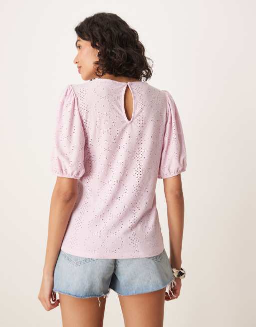 VILA broderie T-shirt with puff sleeve detail in orchid pink, 4 of 4