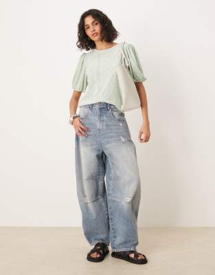 Vila Broderie T-shirt With Puff Sleeve Detail In Green