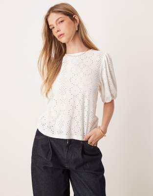 broderie T-shirt with puff sleeve detail in white