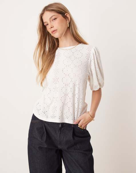 VILA broderie t-shirt with puff sleeve detail in white - view 1