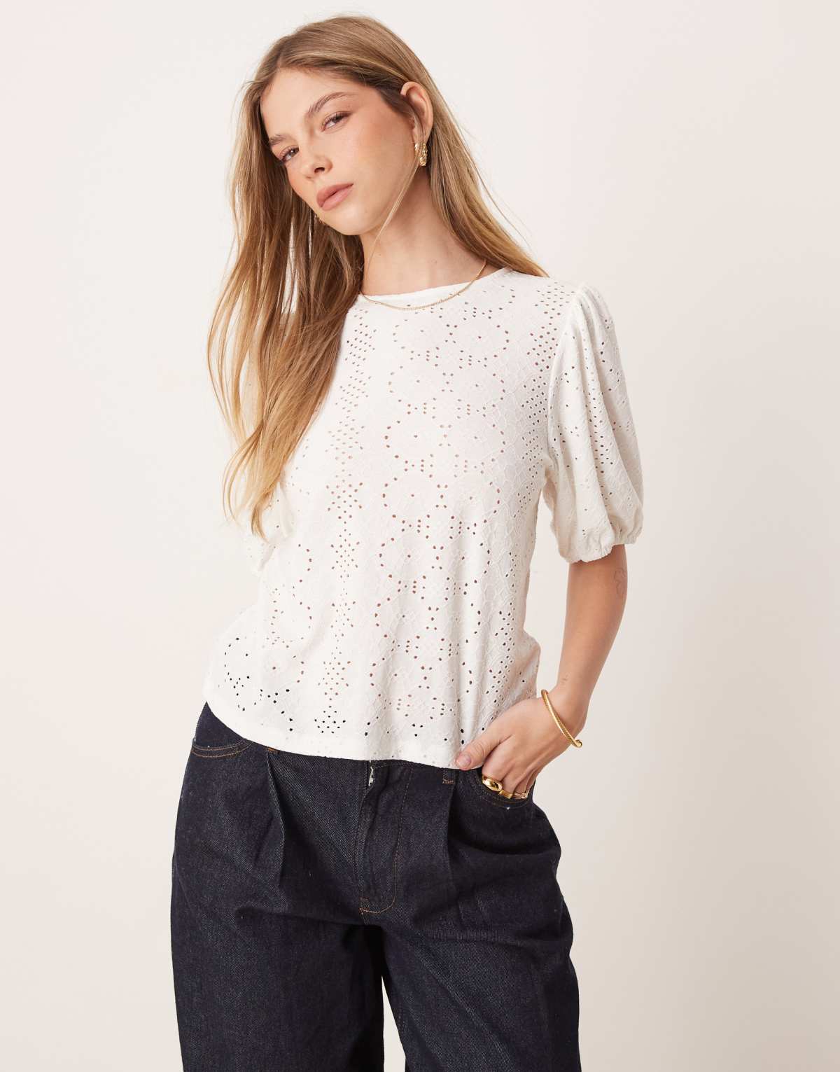 Vila broderie t-shirt with puff sleeve detail in white