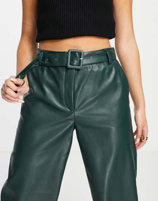 Vila - Broek met leerlook, wijde pijpen en riem in groen, 3 van 4