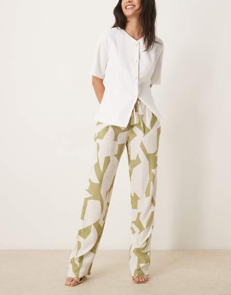 VILA - Broek met wijde pijpen en hoge taille in saliegroene geometrische print - view 1