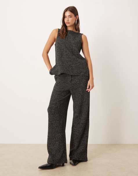 VILA - Broek met wijde pijpen, textuur en glitter in zwart, deel van co-ord set - view 1