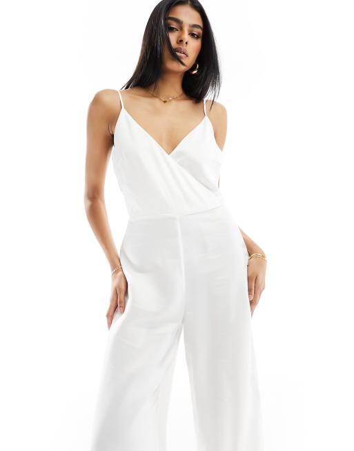 Vila - Bruidskleding - Satijnen jumpsuit met overslag aan de voorkant en split in de pijp in wit, 4 van 4