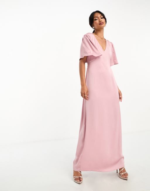 Vila - Bruidsmeisjes - Maxi-jurk met fladdermouwen en gestrikte taille in roze, 2 van 4