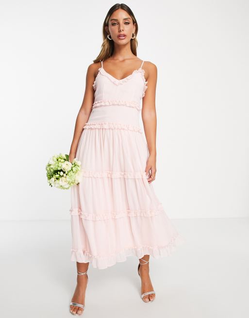 Vila - Bruidsmeisjes - Midi jurk met cami-bandjes en ruches in getextureerd roze