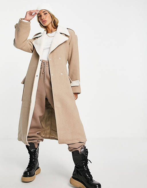 Vila - Brun mac-frakke med kontrastdetaljer bælte uld | ASOS